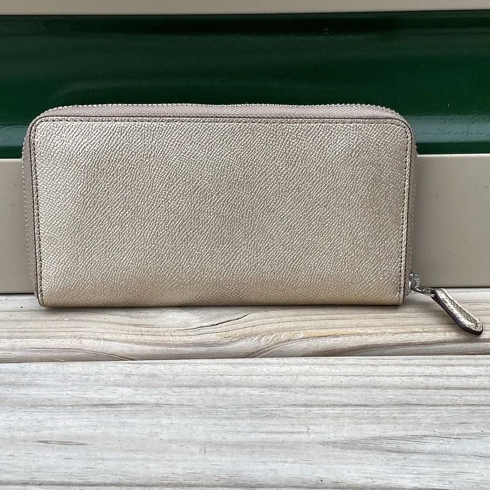 Coach Zip-Around Long Wallet F21068 Metallic Platinum Crossgrain Leather